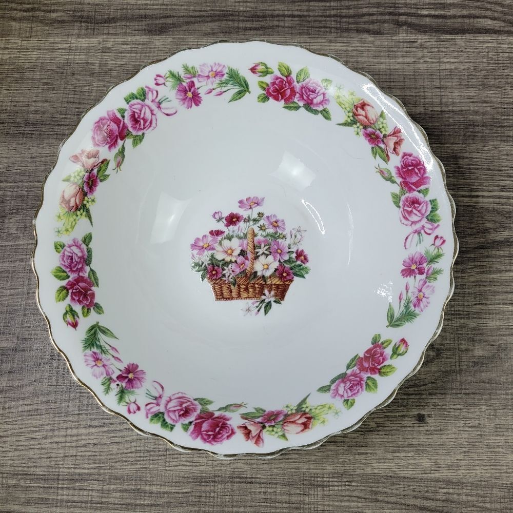 White Serving Bowl with Pink Rose Pattern